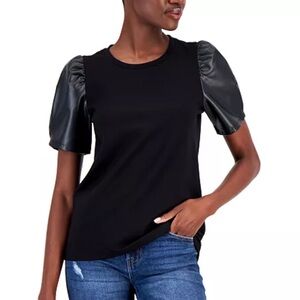 Nine West Black fitted blouse with puff sleeves and crew neck